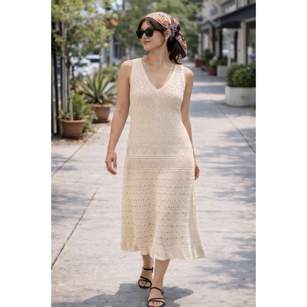 NEXT Crochet‎ Maxi Dress Cream White Sleeveless V Neck A Line Size S